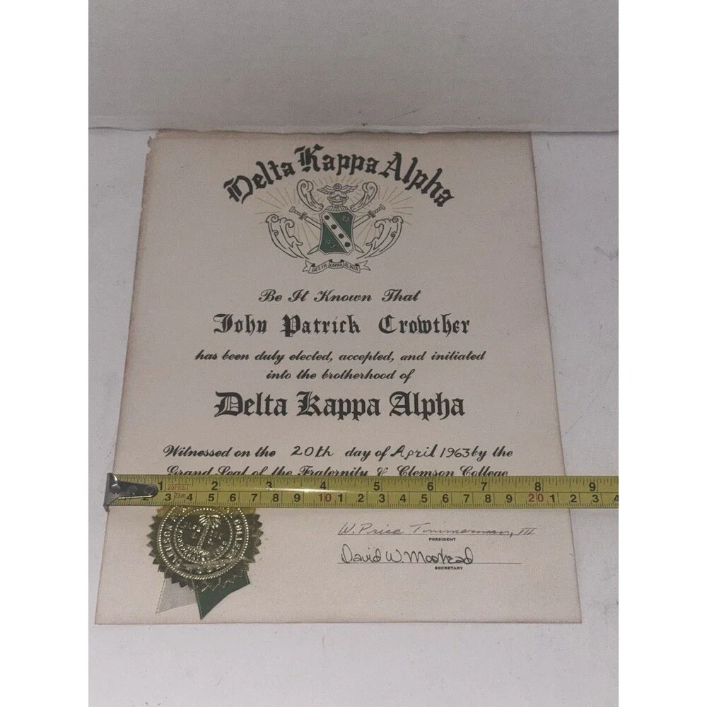 1963 Clemson Delta Kappa Alpha Certificate 1967 Navy Discharge Document Lot
